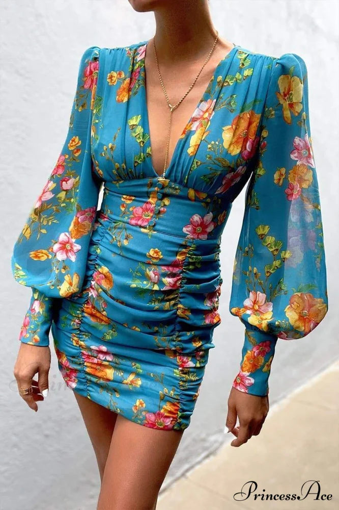 Design Party Bodycon Women’s Neck Deep Warm-Season Flowered Gown Lantern Arm Ruched - V Dress Green / S