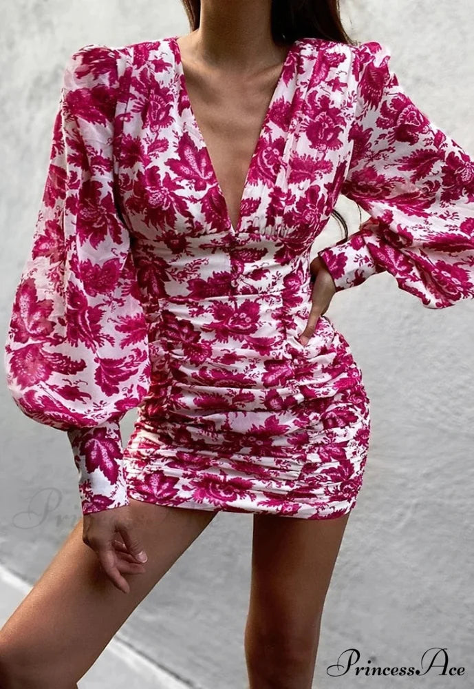 Design Party Bodycon Women’s Neck Deep Warm-Season Flowered Gown Lantern Arm Ruched - V Dress Red / S