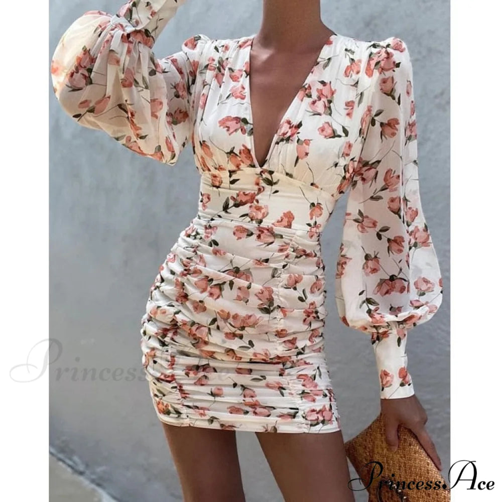 Design Party Bodycon Women’s Neck Deep Warm-Season Flowered Gown Lantern Arm Ruched - V Dress White / S