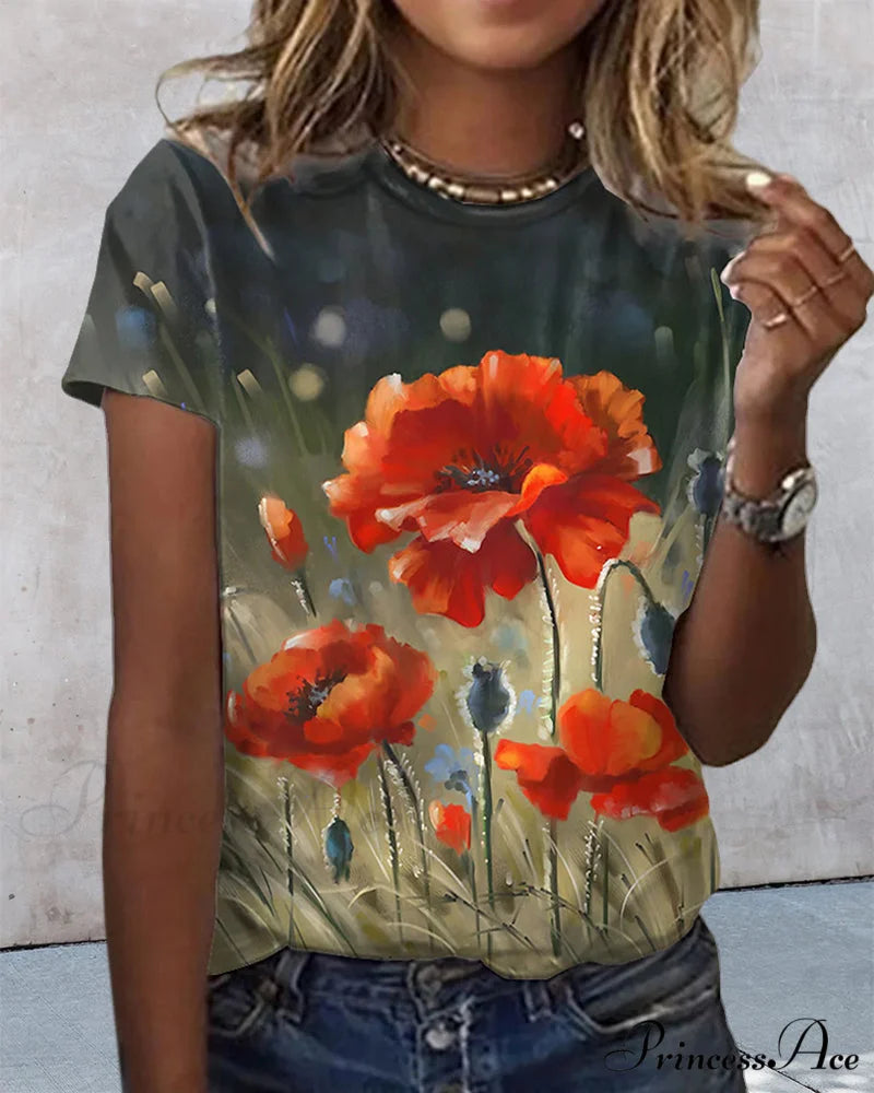 Design Round T-Shirt Flowered with Arm Brief Neck