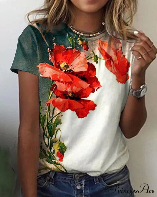 Design Round T-Shirt Flowered with Arm Brief Neck Green / S