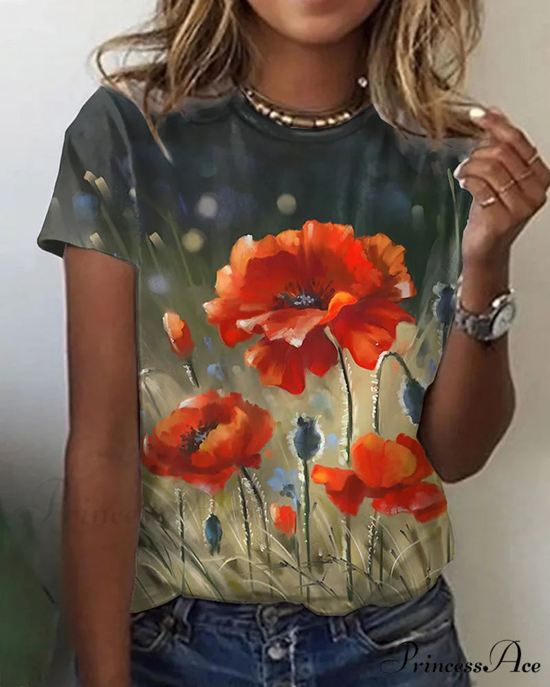 Design Round T-Shirt Flowered with Arm Brief Neck Khaki / S
