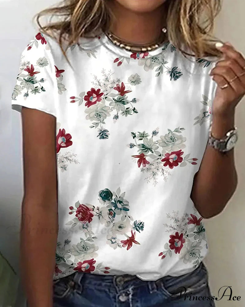 Design Round T-Shirt Flowered with Arm Brief Neck White / S