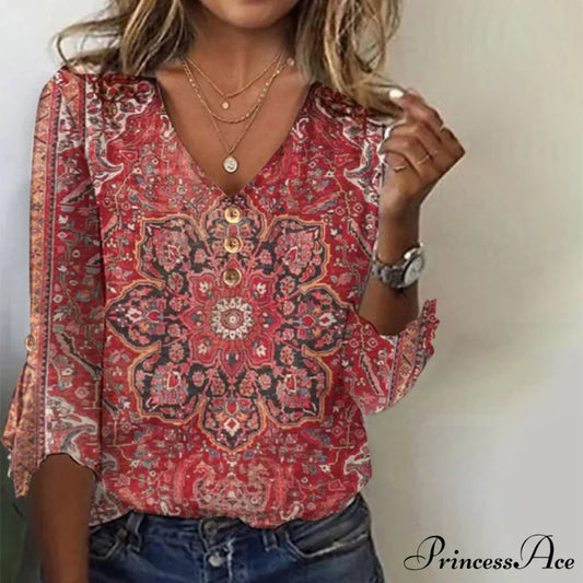 Design Vintage Ethnic Top Red / S