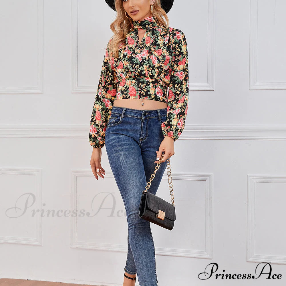Design Waist Flowered Smocked Blouse