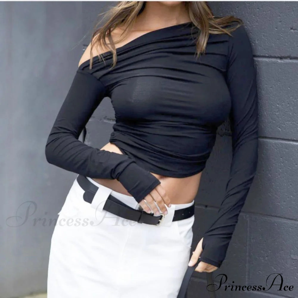 design Women’s outer wear tops niche long-sleeved off-the-shoulder shirt Black / S