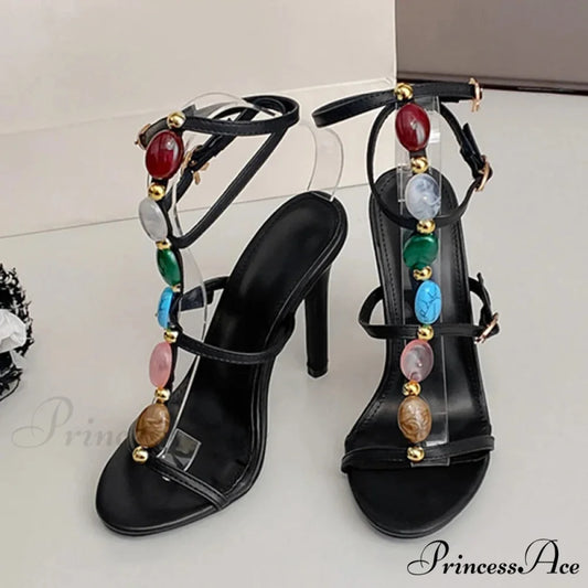 Designer High-Heels Women Sexy 11.5CM Stiletto Sandals Bohemian Colour Gem-Strap Open-Toe Wedding High Heel Black / 35