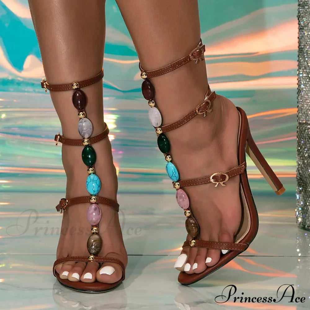 Designer High-Heels Women Sexy 11.5CM Stiletto Sandals Bohemian Colour Gem-Strap Open-Toe Wedding High Heel Brown / 35
