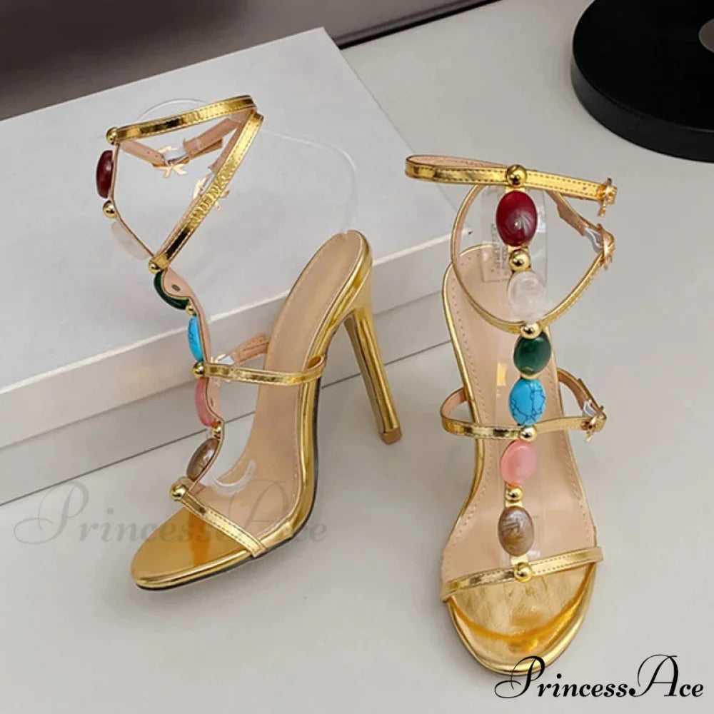 Designer High-Heels Women Sexy 11.5CM Stiletto Sandals Bohemian Colour Gem-Strap Open-Toe Wedding High Heel Golden / 35