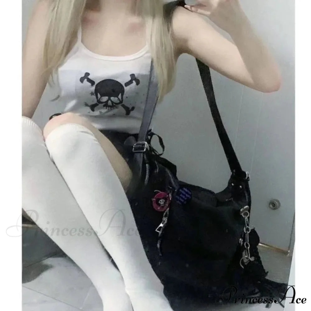 Designer Luxury Tassel Chain Y2K Goth Techwear Gothic Crossbody Sling Shoulder Bag Black