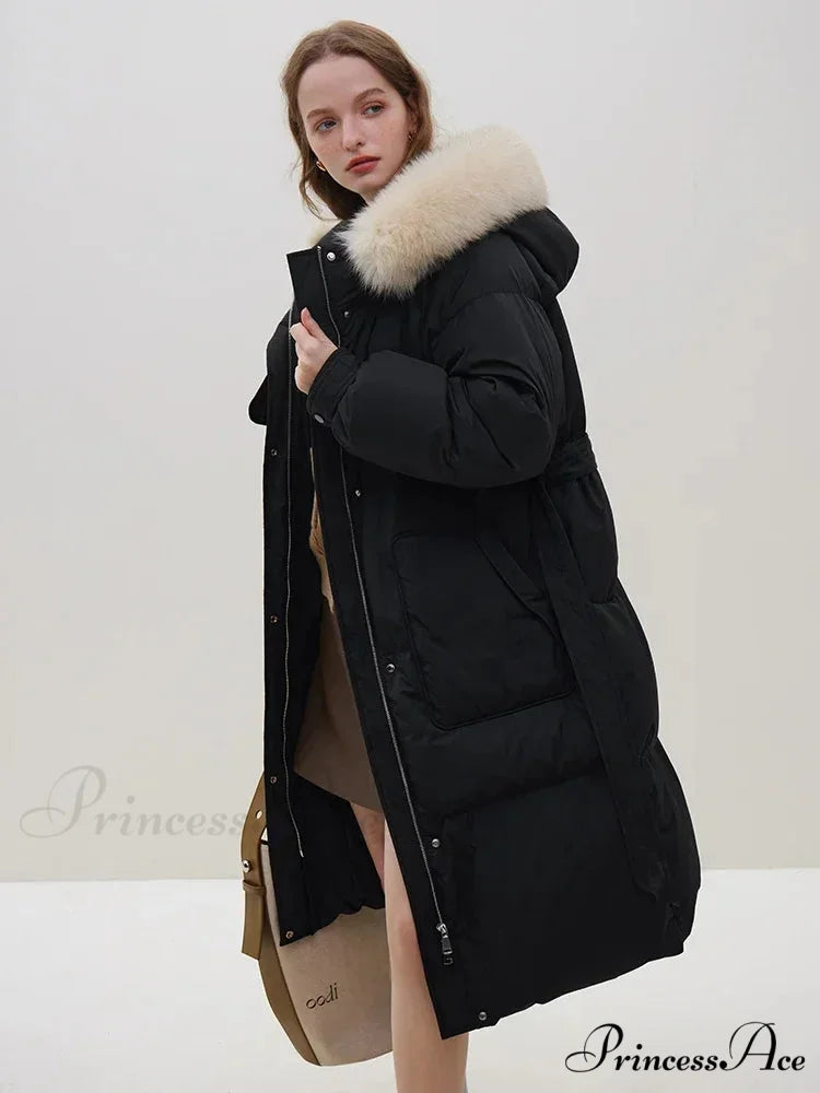 Detachable Fox Fur Collar Windbreaker Down Winter Warm Stylish Elegant Cozy Coat Black / XXS