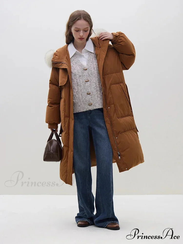 Detachable Fox Fur Collar Windbreaker Down Winter Warm Stylish Elegant Cozy Coat Deep Orange / XXS