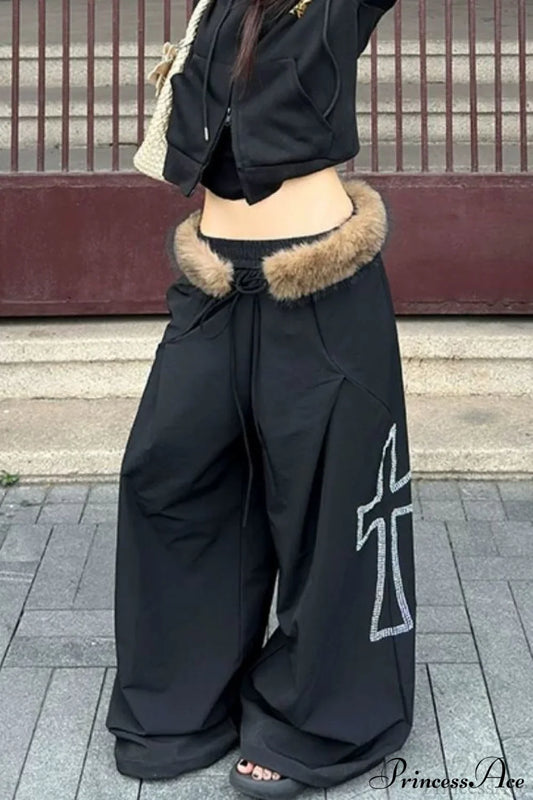 Detachable Fur-Collar Loose Wide-Leg Pants