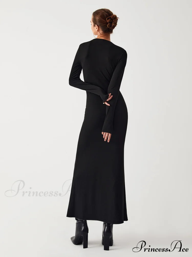 Diagonal Keyhole Long Trendy Sleeve Long Dress