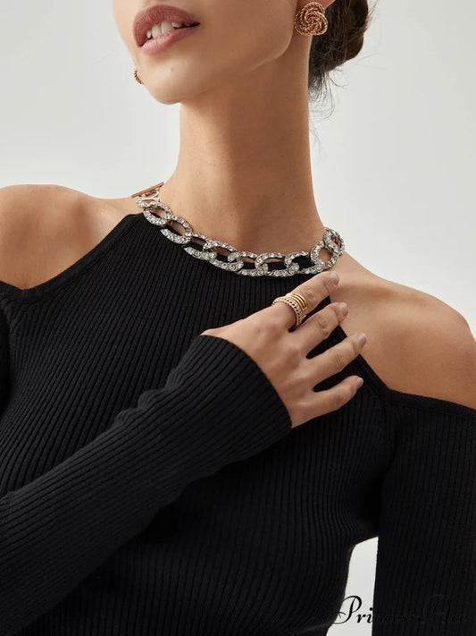 Diamante Neckline Cutout Trendy Long Sleeve Knit Top