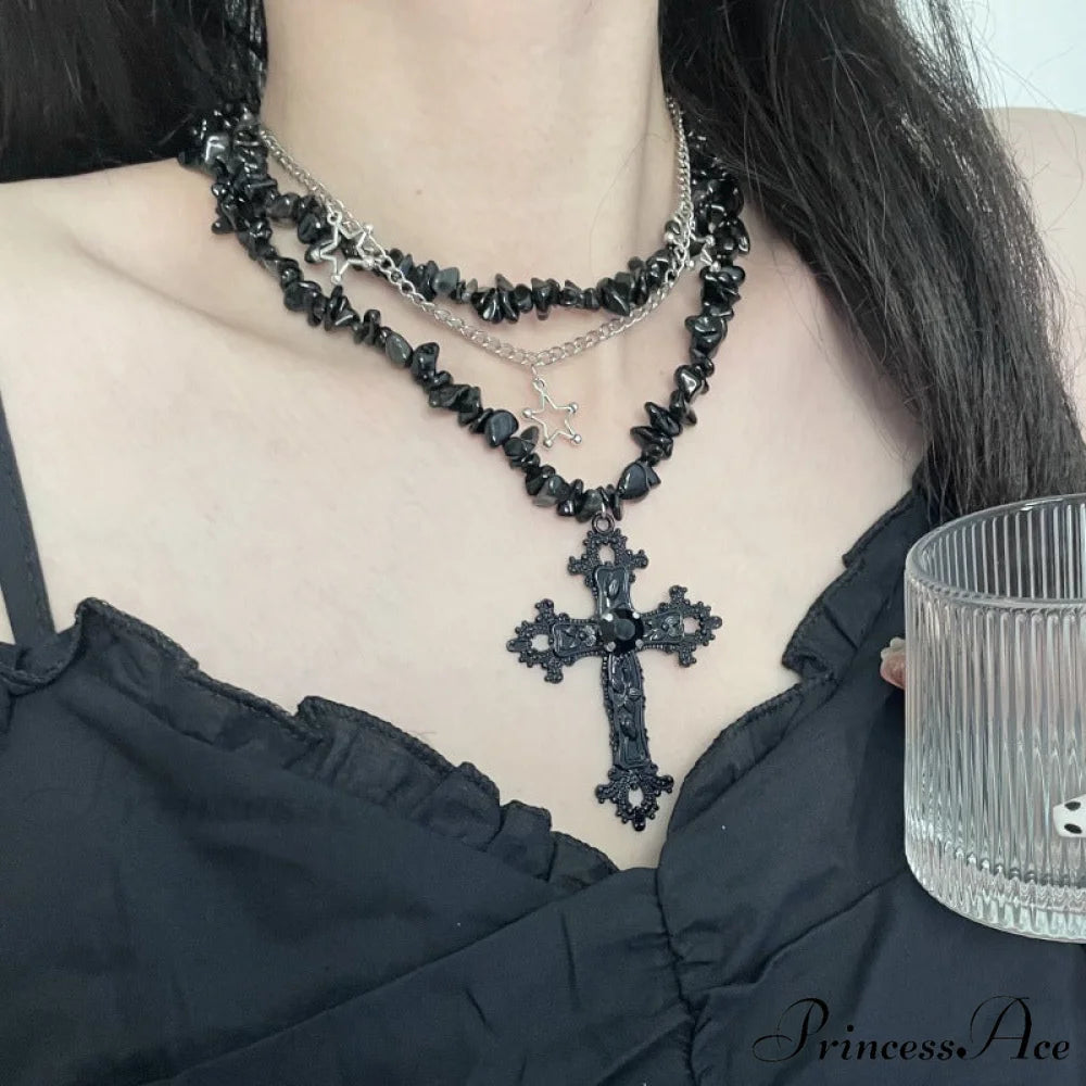 Diamond Cross Star Double Layer Hip-hop Dark Necklace BLACK