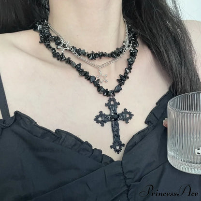 Diamond Cross Star Double Layer Hip-hop Dark Necklace BLACK