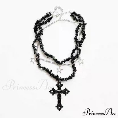 Diamond Cross Star Double Layer Hip-hop Dark Necklace BLACK