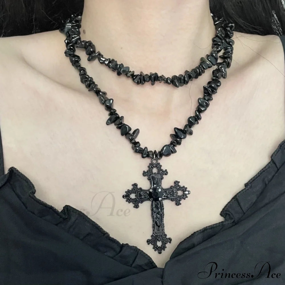 Diamond Cross Star Double Layer Hip-hop Dark Necklace BLACK