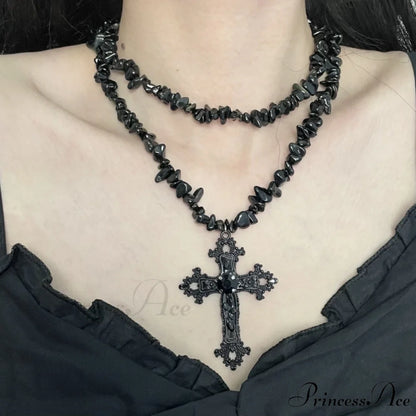 Diamond Cross Star Double Layer Hip-hop Dark Necklace BLACK