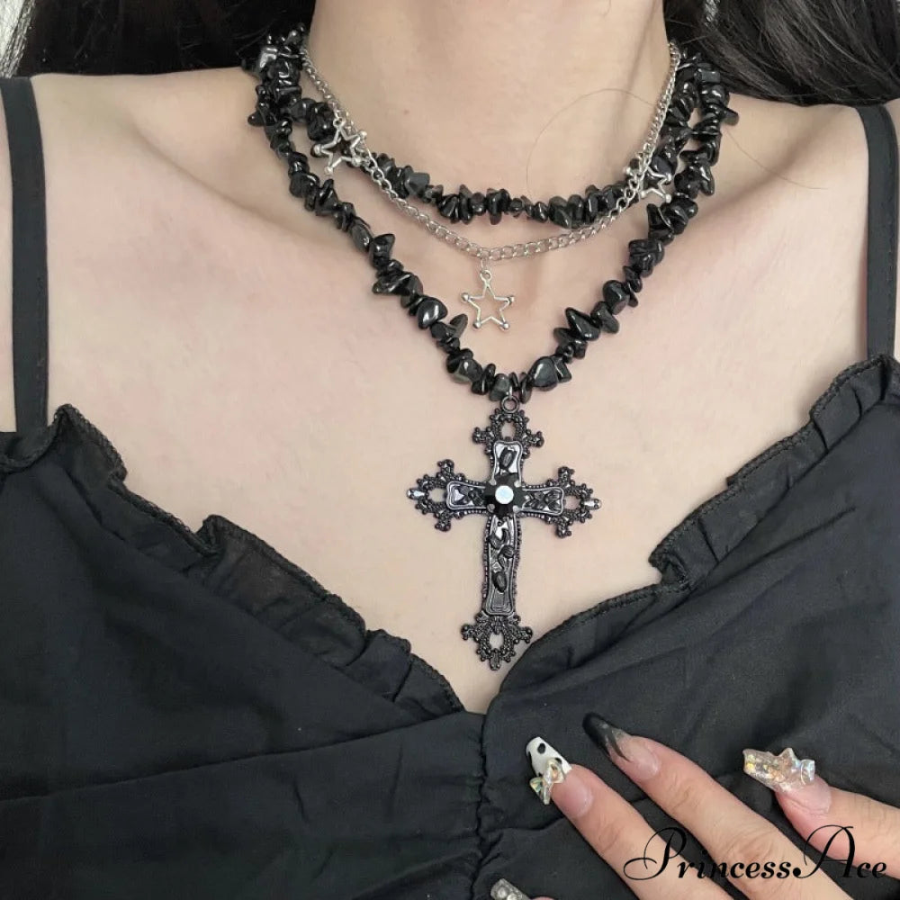Diamond Cross Star Double Layer Hip-hop Dark Necklace BLACK