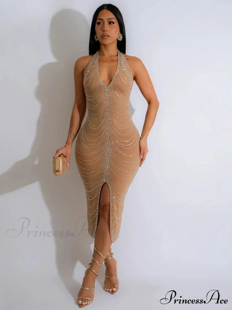 Diamond Halter Midi Party Dress apricot dress / S