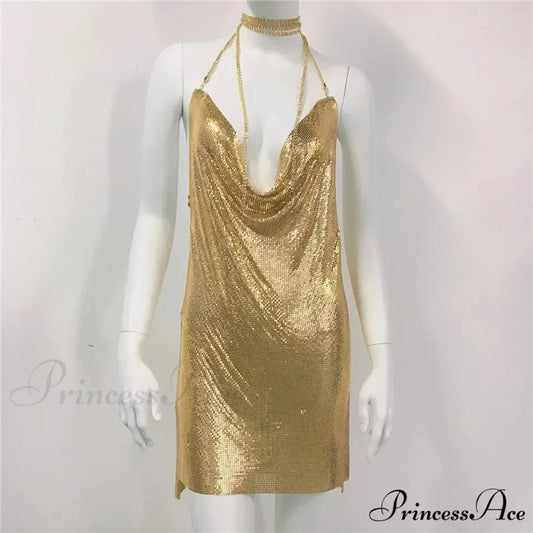 Diamond Halter Sequin Party Dress Gold / S