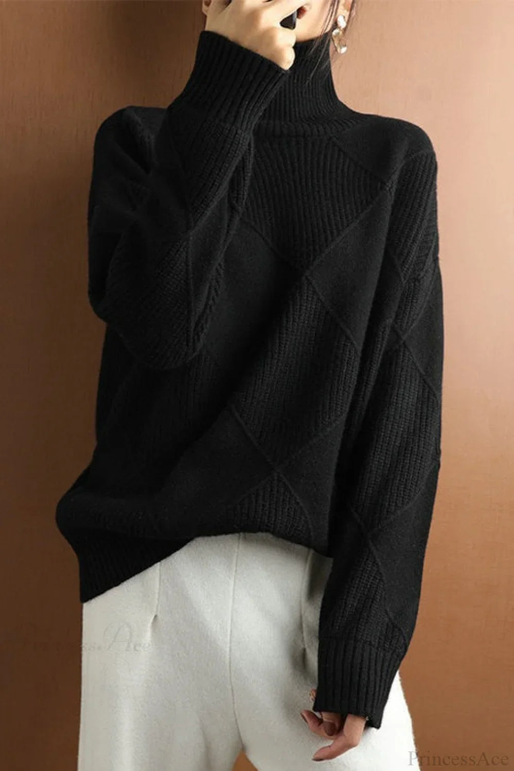 Diamond Pattern Turtleneck Loose Long-Sleeve Sweater