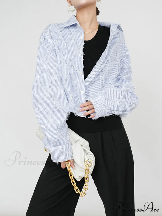 Diamond Pattern With Trendy Tassel Line Shirt Blue / XS