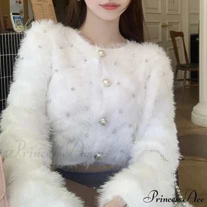 Diamond Pink Plush Knit Cardigan WHITE / One Size