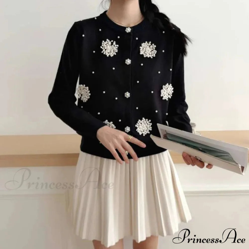 Diamonds Pearl Floral Slim O-neck Cardigan Black / S