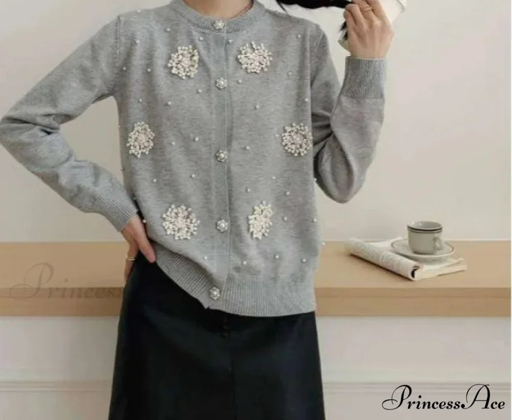Diamonds Pearl Floral Slim O-neck Cardigan GRAY / S