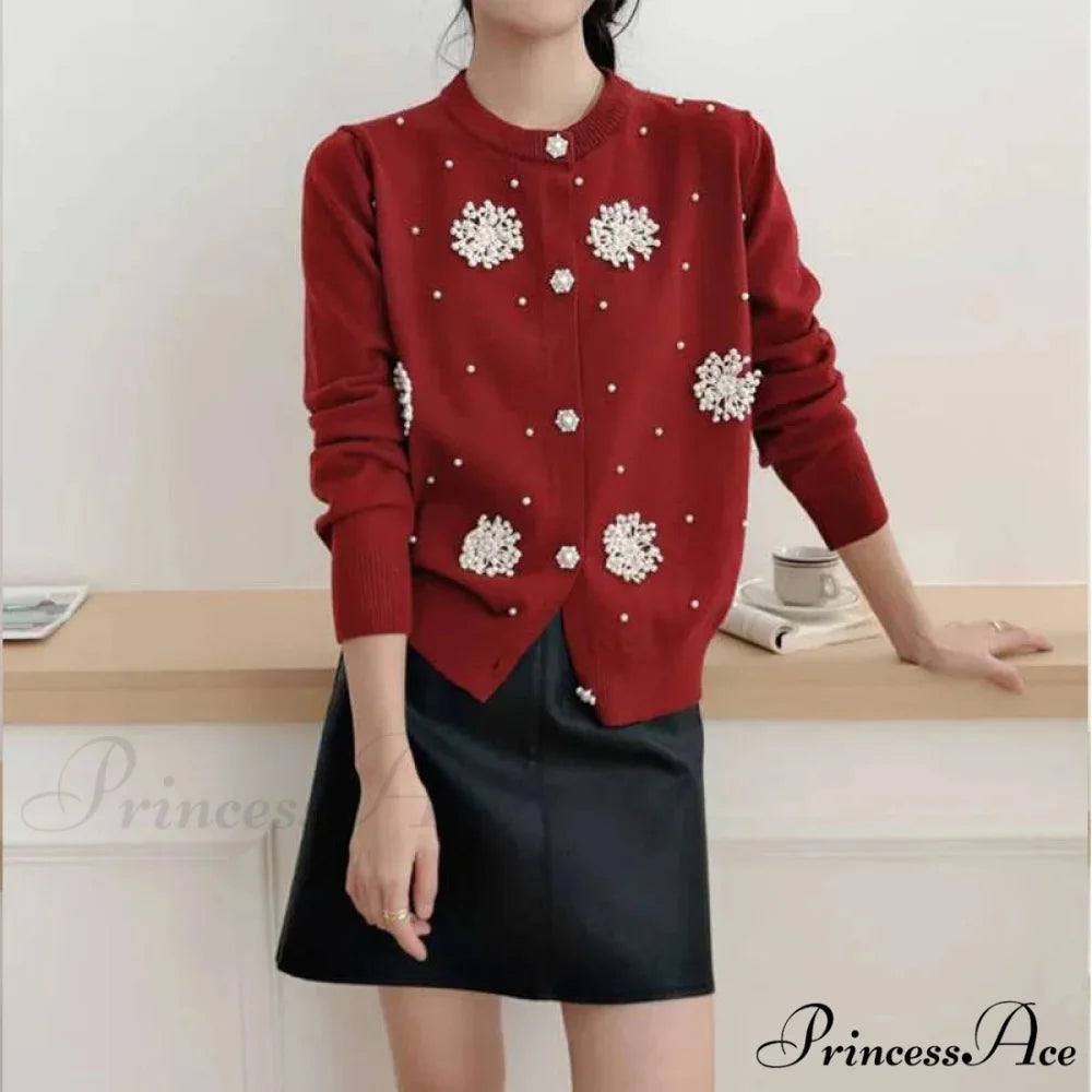 Diamonds Pearl Floral Slim O-neck Cardigan Red / S