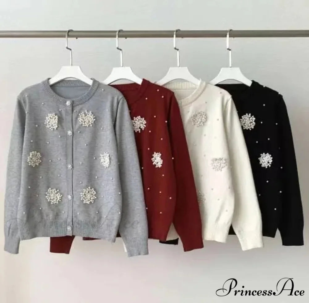 Diamonds Pearl Floral Slim O-neck Cardigan WHITE / S