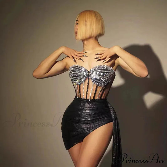 Diamonds See-Through Strapless Party Dress Black / S