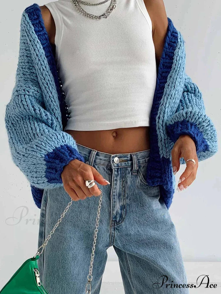 Different Color Open Front Baggy Knit Cardigan Blue / S cardiagn-250126