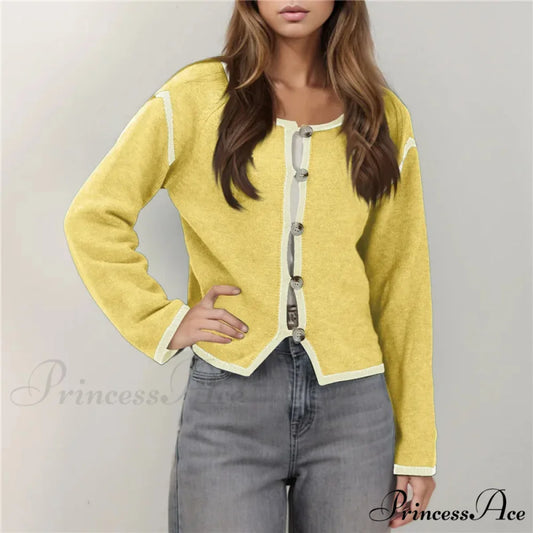 Different Colored Thread Long Sleeve Button Cardigan Yellow / S cardigans-241228