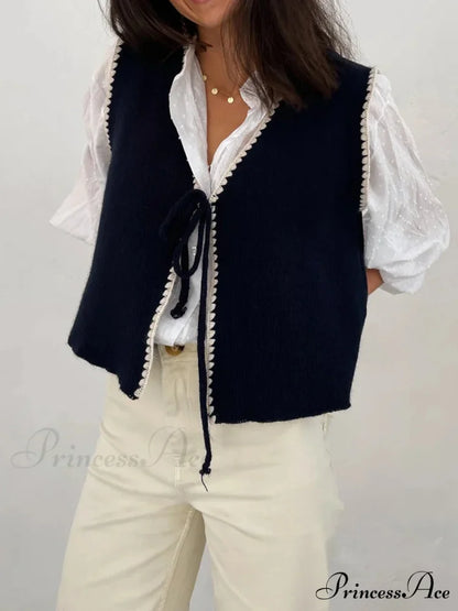 Differentiate Border Tying V-Neck Knit Waistcoat Cardigan cardigans-241228