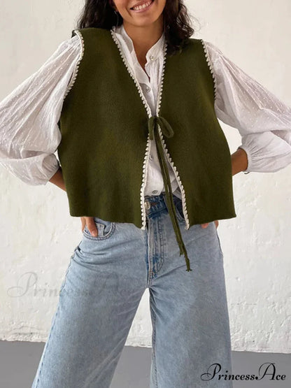 Differentiate Border Tying V-Neck Knit Waistcoat Cardigan cardigans-241228