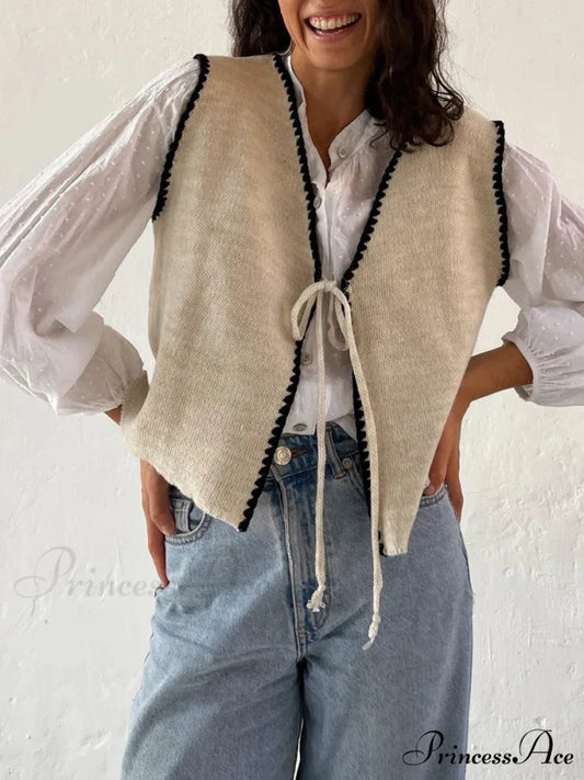 Differentiate Border Tying V-Neck Knit Waistcoat Cardigan cardigans-241228