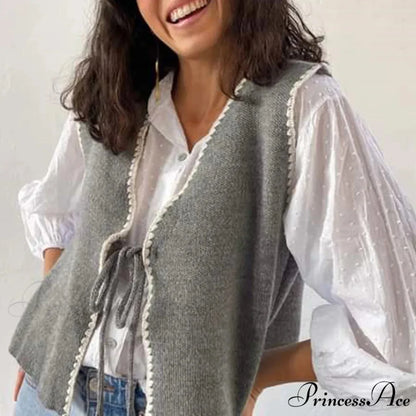 Differentiate Border Tying V-Neck Knit Waistcoat Cardigan grey / S cardigans-241228