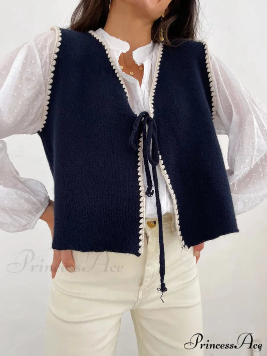 Differentiate Border Tying V-Neck Knit Waistcoat Cardigan nevy / S cardigans-241228