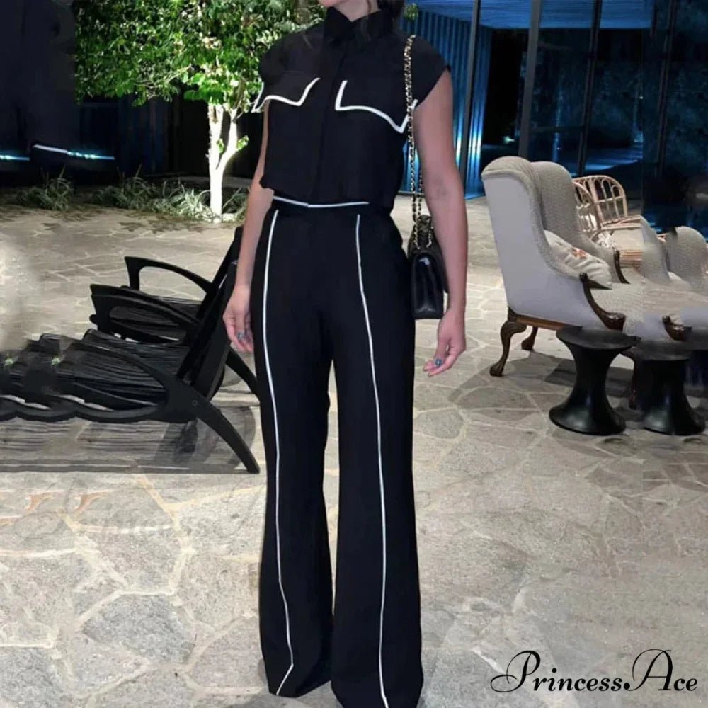 Differentiate Collar Waistcoat Pockets Trousers Workplace Two Piece Ensemble Black / S officetwopieceset-250223