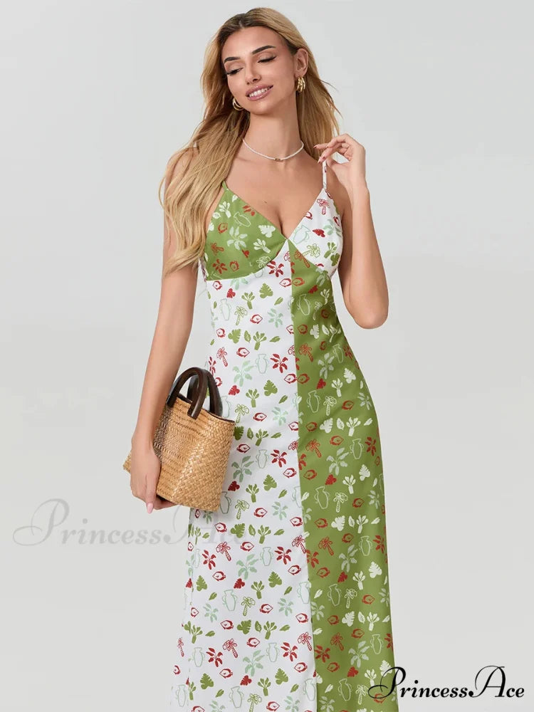 Differentiate Hue Deep V-neck Spaghetti Strap Slip Floral Dress floraldress-250126