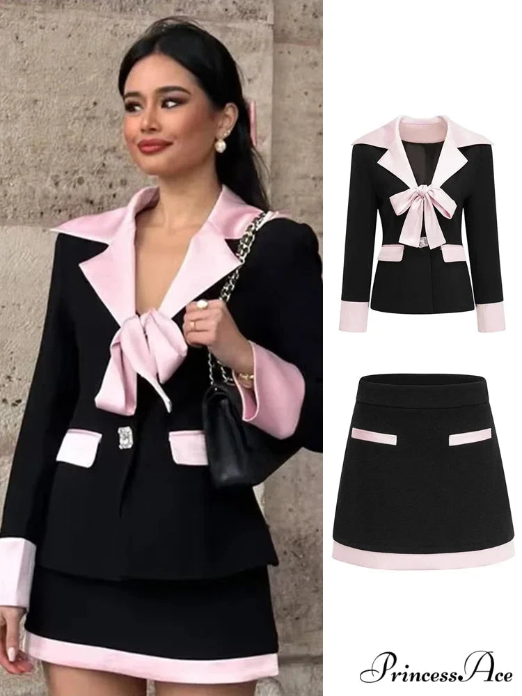Distinguish Bow Blazer Mini Skirt Office Two Piece Set officetwopieceset-250223