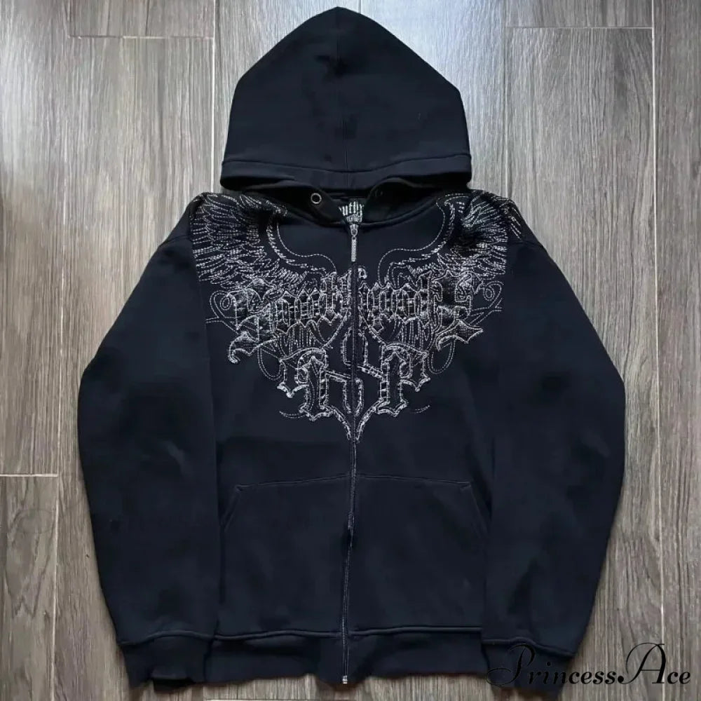 Distress Gothic Cranium Zipper Hoodie black 2 / S hoodies-241228