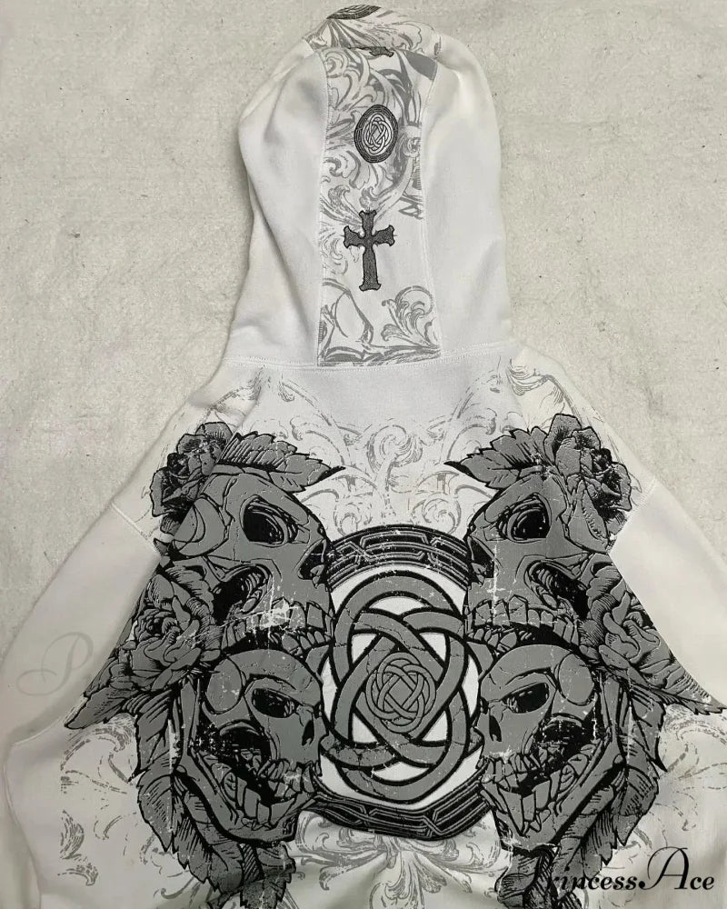 Distress Gothic Cranium Zipper Hoodie hoodies-241228