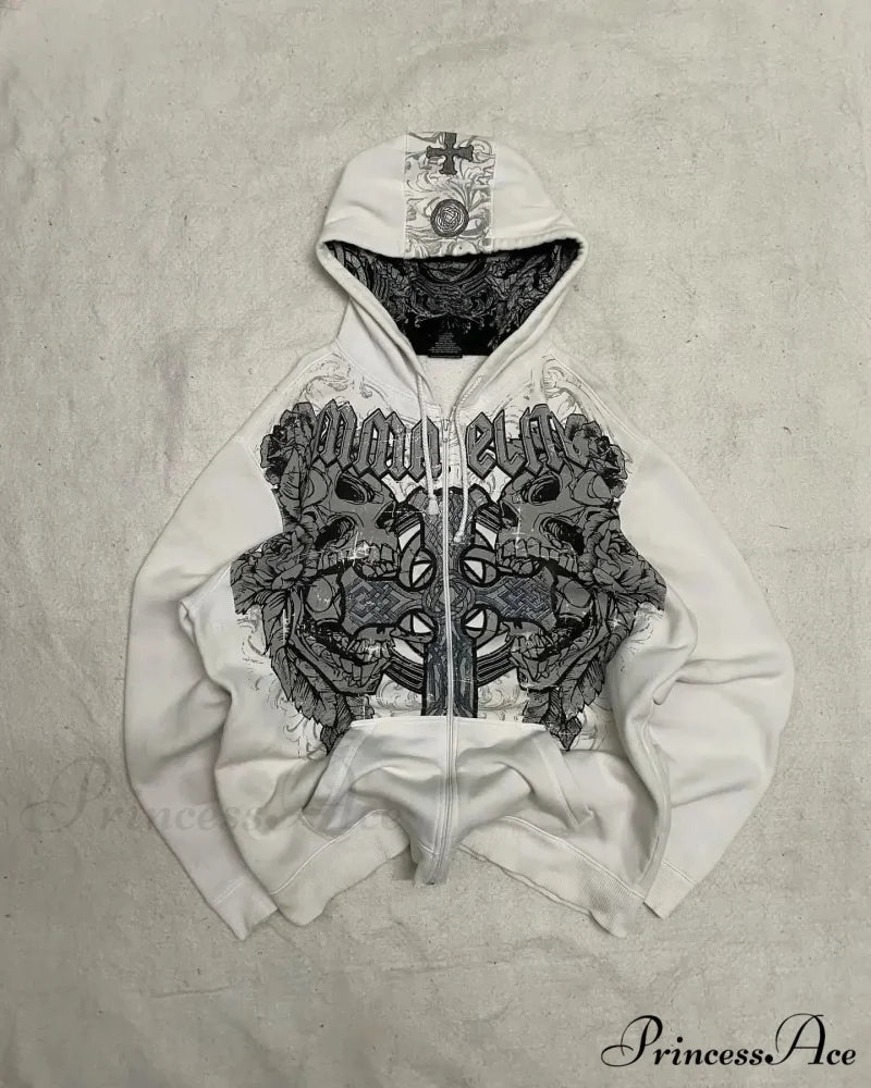 Distress Gothic Cranium Zipper Hoodie white 1 / S hoodies-241228