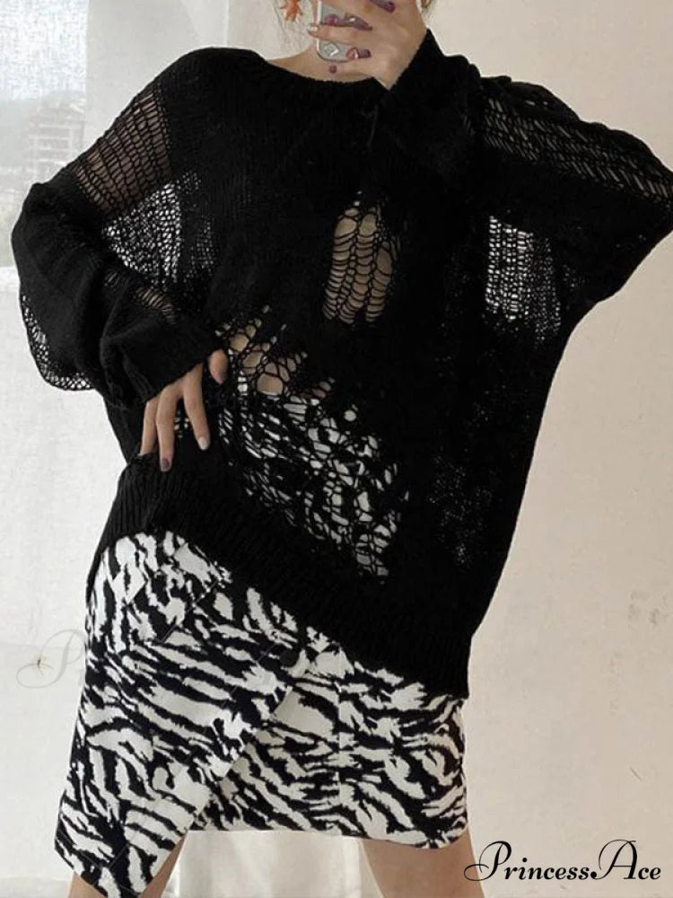 Distressed Crochet Knit Trendy Long Sleeve Crop Top