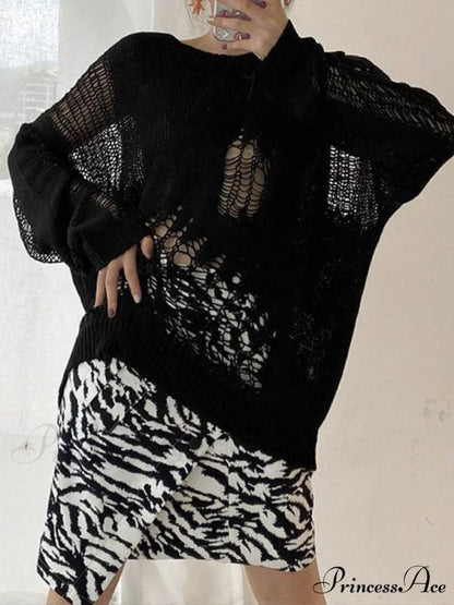 Distressed Crochet Knit Trendy Long Sleeve Crop Top